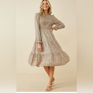 NWT Hayden Oatmeal Taupe Floral Smocked Long Sleeve Midi Dress Size S